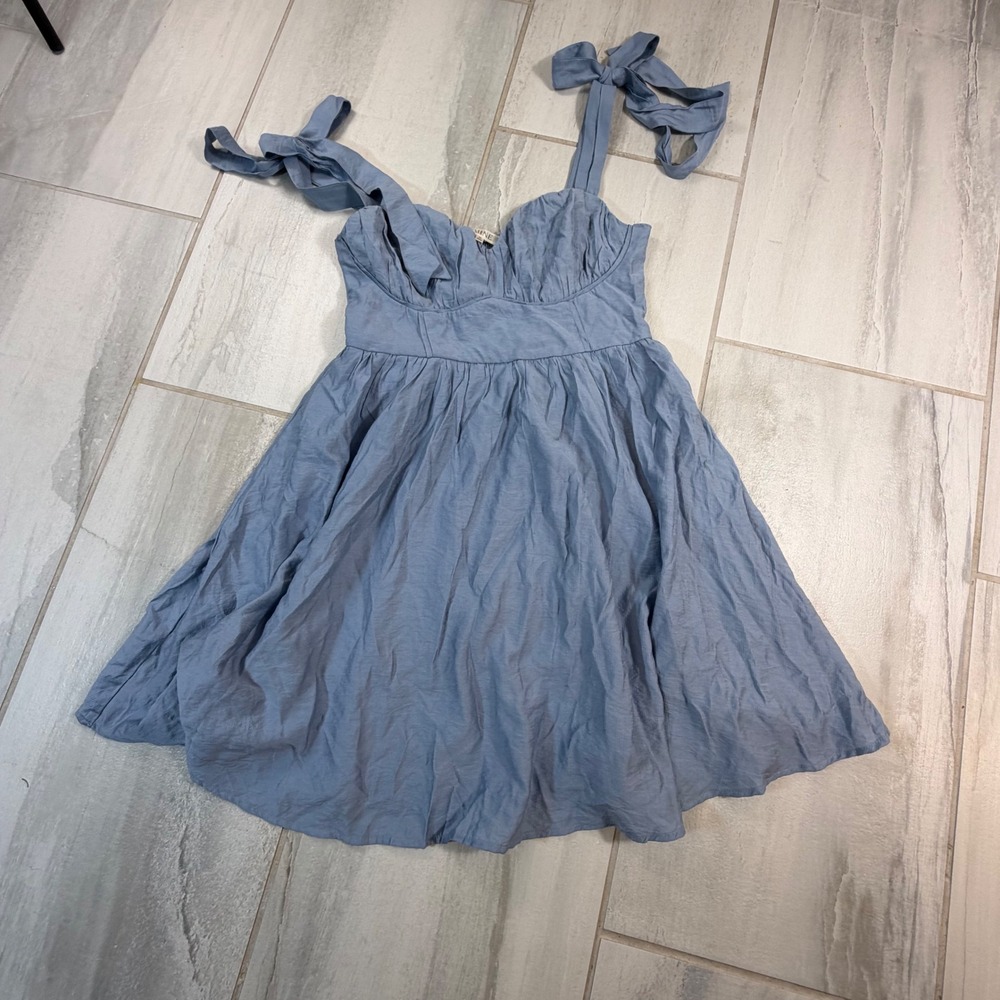 MINE Womens Dusty Blue Tie Shoulder Smocked Back Mini Dress TB8816 Medium